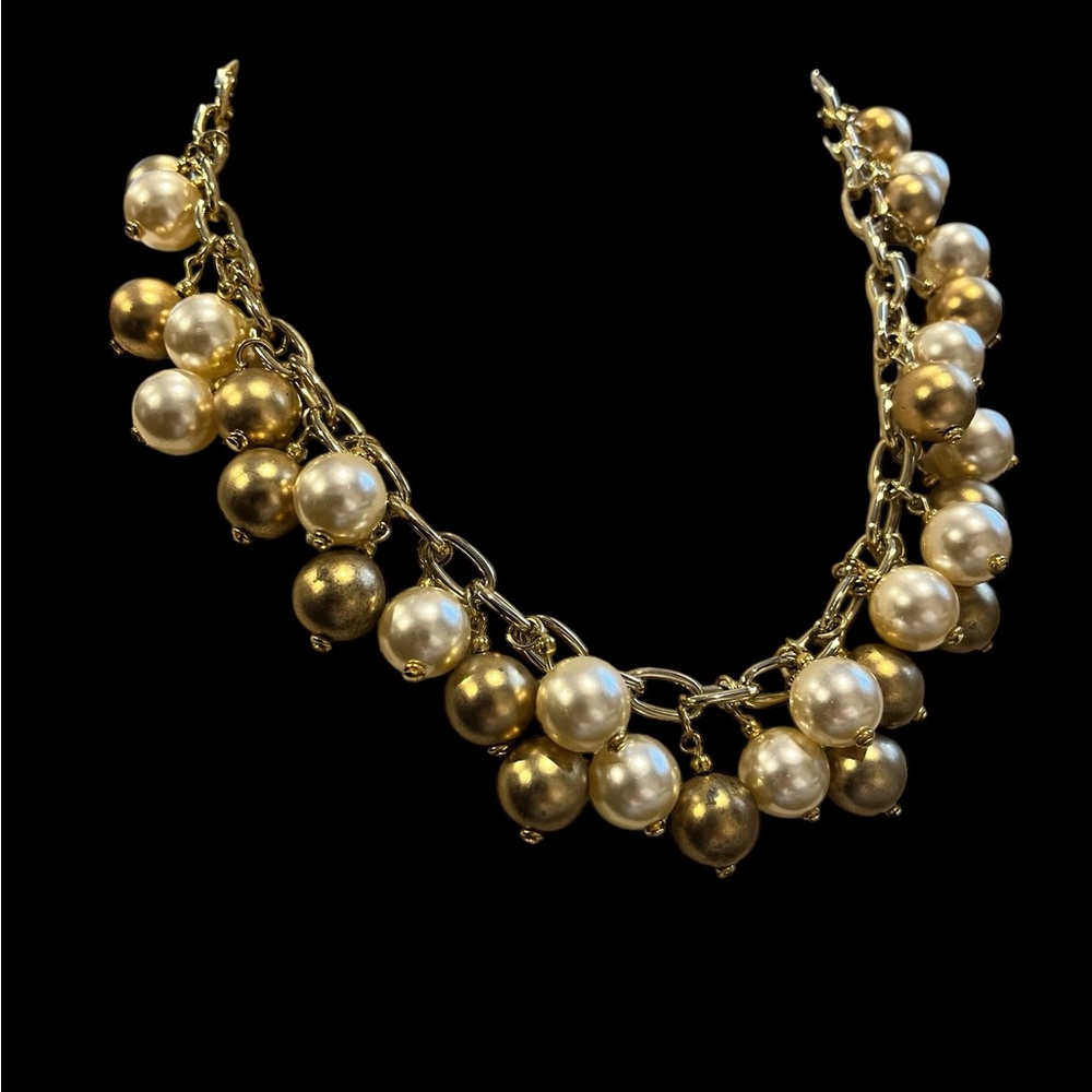 Vintage 2 Tone pearl beaded necklace in gold tone - Picture 3 of 10